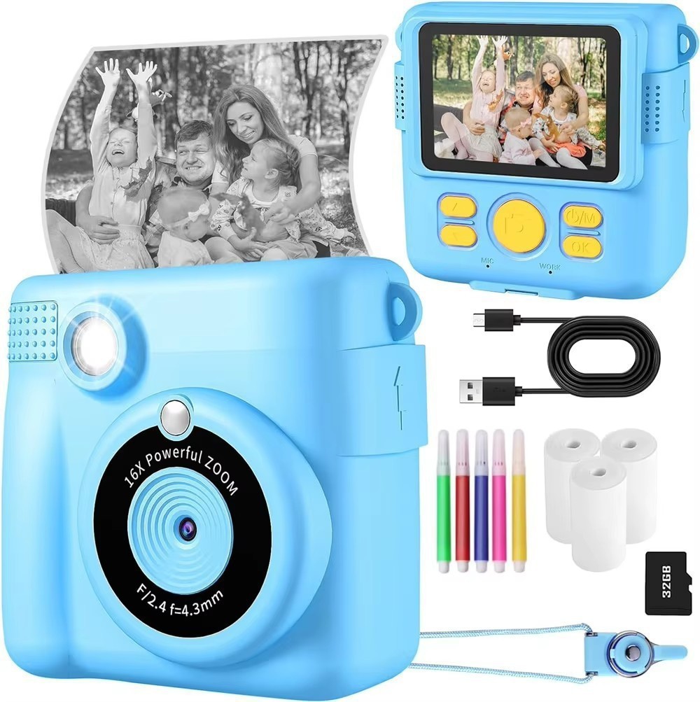 Blue ABS-681 Portable Kids Mini Digital Polaroid with 32GB Card