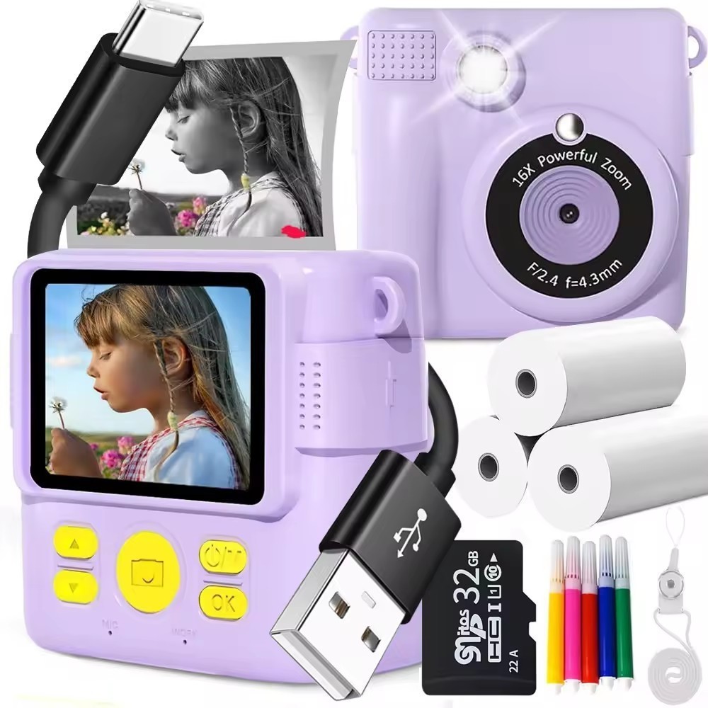 Purple ABS-681 Portable Kids Mini Digital Polaroid with 32GB Card
