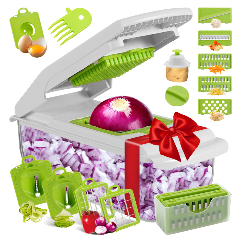 18-Piece White-Green Multi-Function Vegetable Chopper & Slicer Set - Rotary