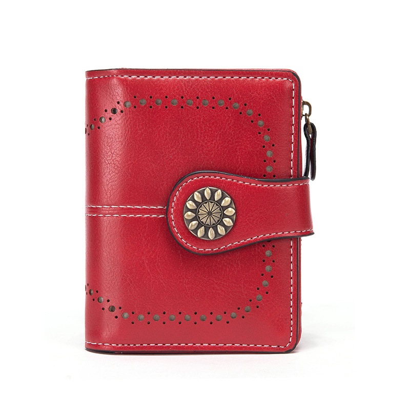 Red Korean Style Cutout Compact PU Leather Wallet - Women's Mini Bifold Purses