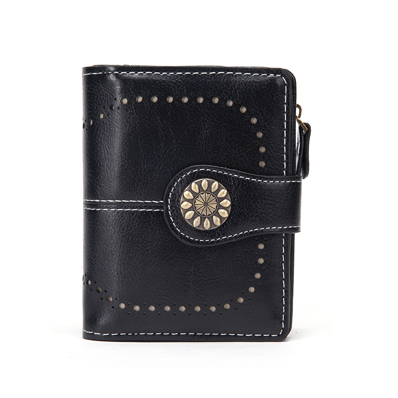 Black Korean Style Cutout Compact PU Leather Wallet - Women's Mini Bifold
