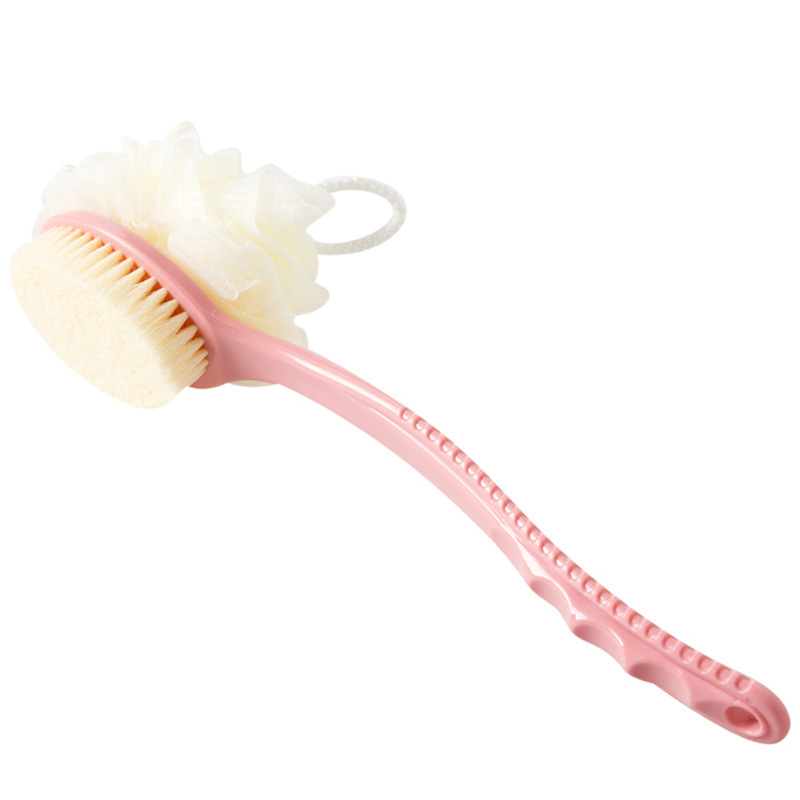 2-Pack Pink 2-in-1 Soft Bristle Long Handle Bath Brush & Shower Pouf Combo