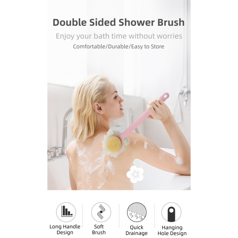 2-Pack Pink 2-in-1 Soft Bristle Long Handle Bath Brush & Shower Pouf Combo view 3
