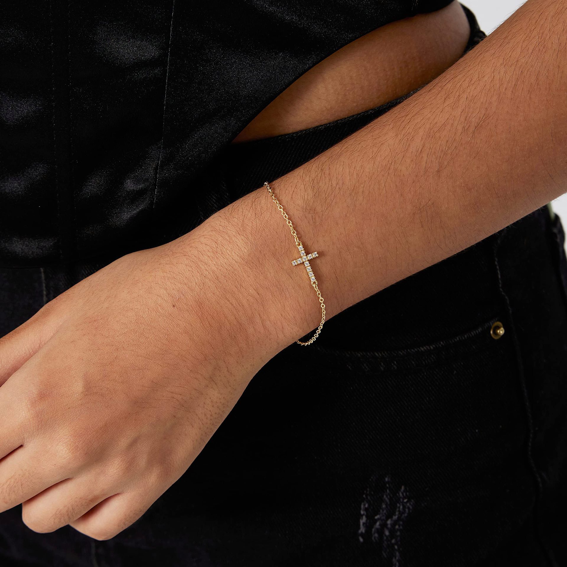 2-Pack Gold Plated Micro-Paved CZ Mini Cross Bracelet - Dainty Adjustable