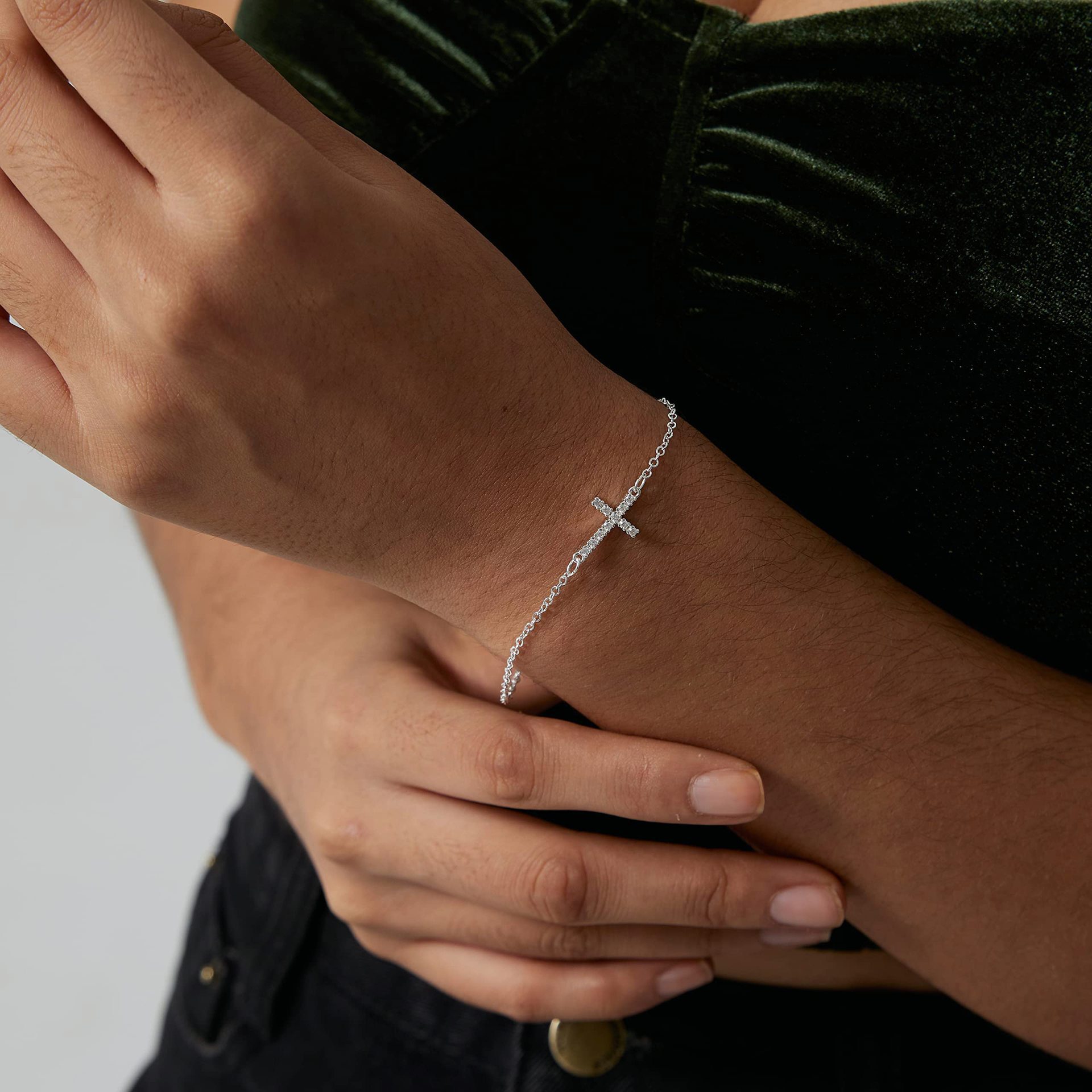 2-Pack Sliver Plated Micro-Paved CZ Mini Cross Bracelet - Dainty Adjustable