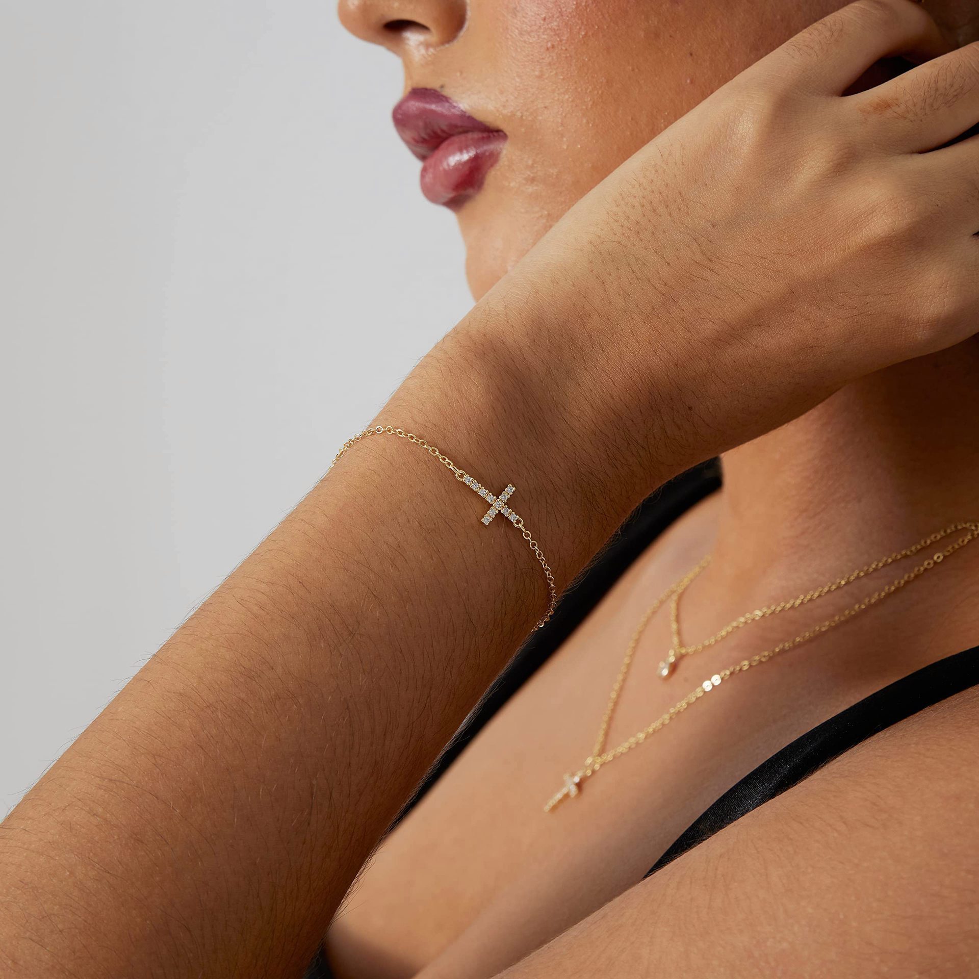 2-Pack Sliver Plated Micro-Paved CZ Mini Cross Bracelet - Dainty Adjustable view 2
