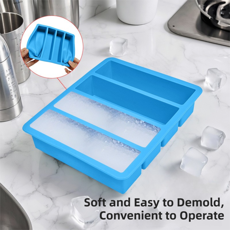 2-Packs Blue Flexible 4-Grid Silicone Long Ice Cube Tray with Lid - Easy view 3