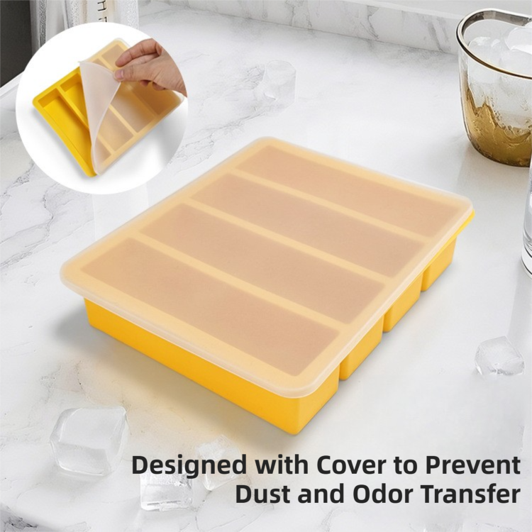 2-Packs Black Flexible 4-Grid Silicone Long Ice Cube Tray with Lid - Easy view 4