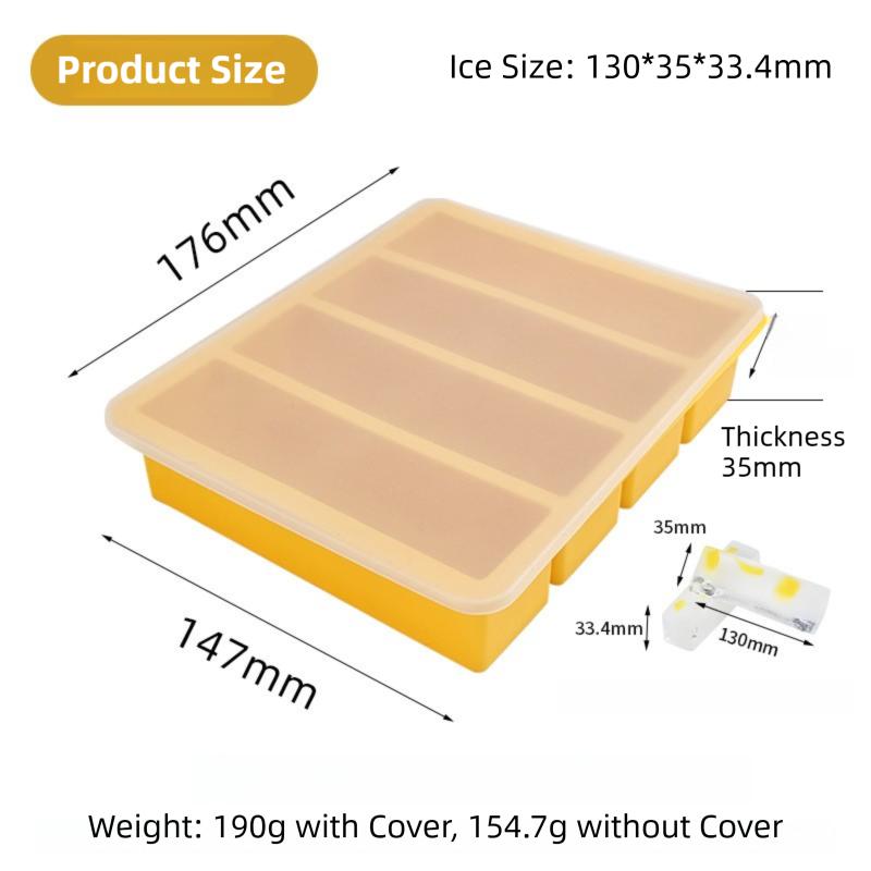 2-Packs Grey Flexible 4-Grid Silicone Long Ice Cube Tray with Lid - Easy view 6