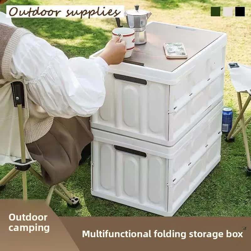 White Collapsible Medium Side-Open Storage Box with Wooden Table view 2