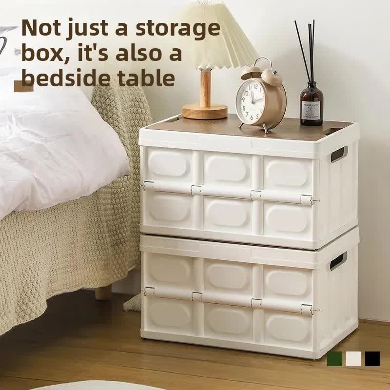 White Collapsible Medium Side-Open Storage Box with Wooden Table view 3