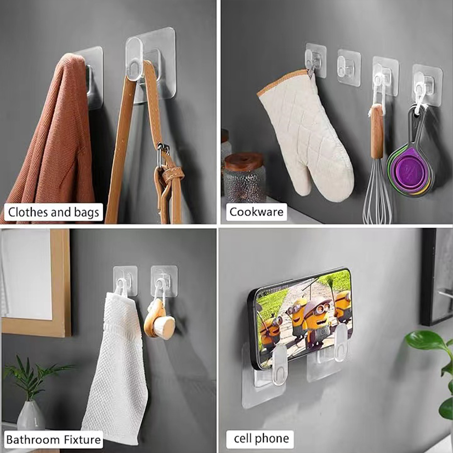9-Pack Bathroom & Kitchen Organiser Set: 5 Heavy-Duty Clear Adhesive Hooks + 4 view 5