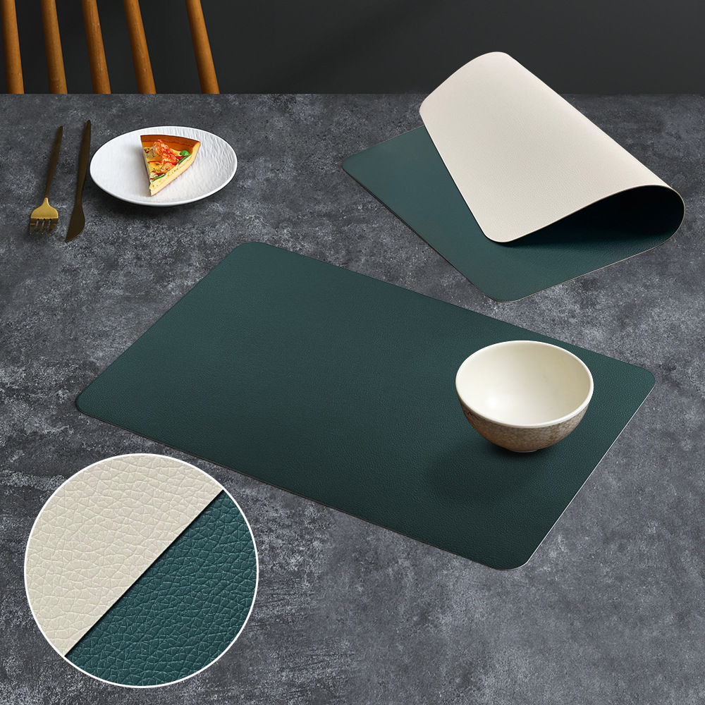2-PCS Dark green and beige PVC Double-Sided Lychee Texture Table Mat - Waterproof