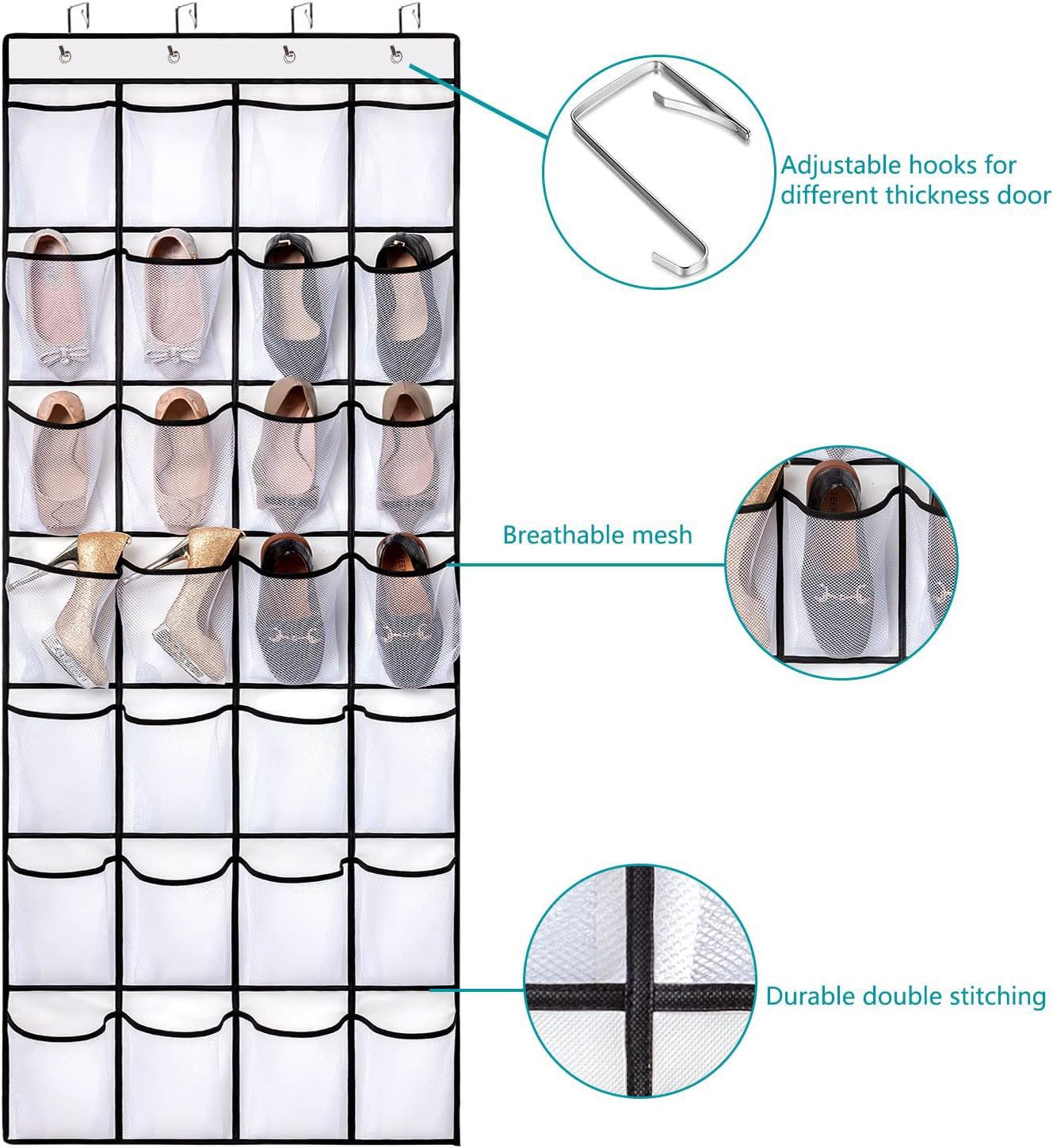 White 28-Pocket Over-the-Door Shoe Organizer with Breathable Mesh – Wall view 3