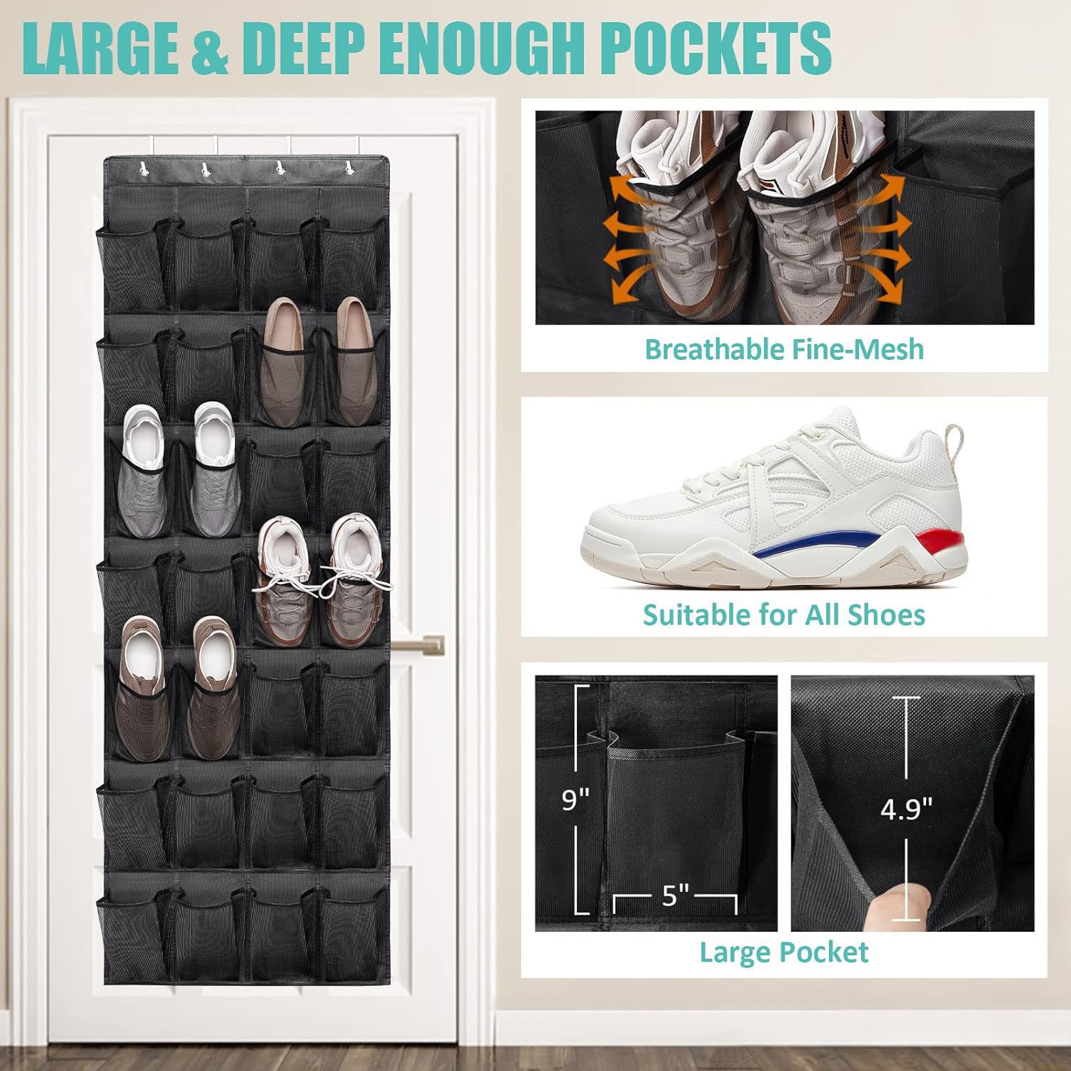 White 28-Pocket Over-the-Door Shoe Organizer with Breathable Mesh – Wall view 4