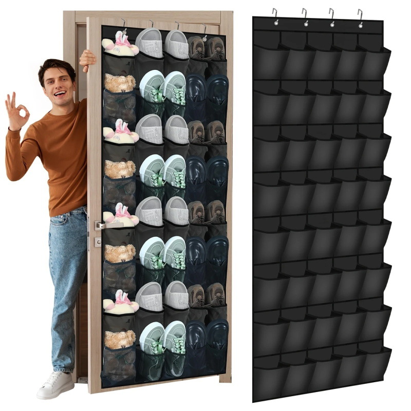 White 28-Pocket Over-the-Door Shoe Organizer with Breathable Mesh – Wall view 6