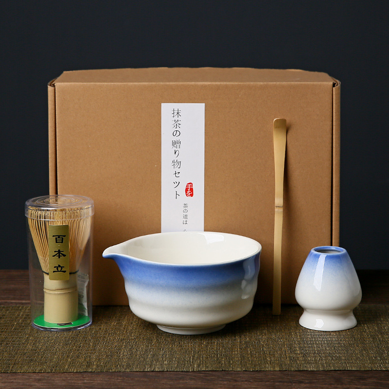 Blue and white Complete Matcha Tea Ceremony Set - 4-Piece Japanese Traditional