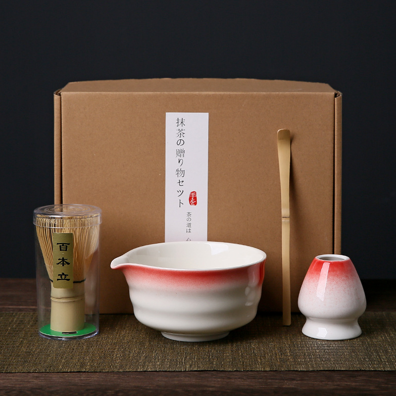 Red and white Complete Matcha Tea Ceremony Set - 4-Piece Japanese Traditional