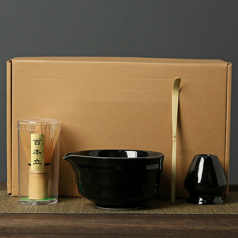 Black Complete Matcha Tea Ceremony Set - 4-Piece Japanese Traditional Whisk