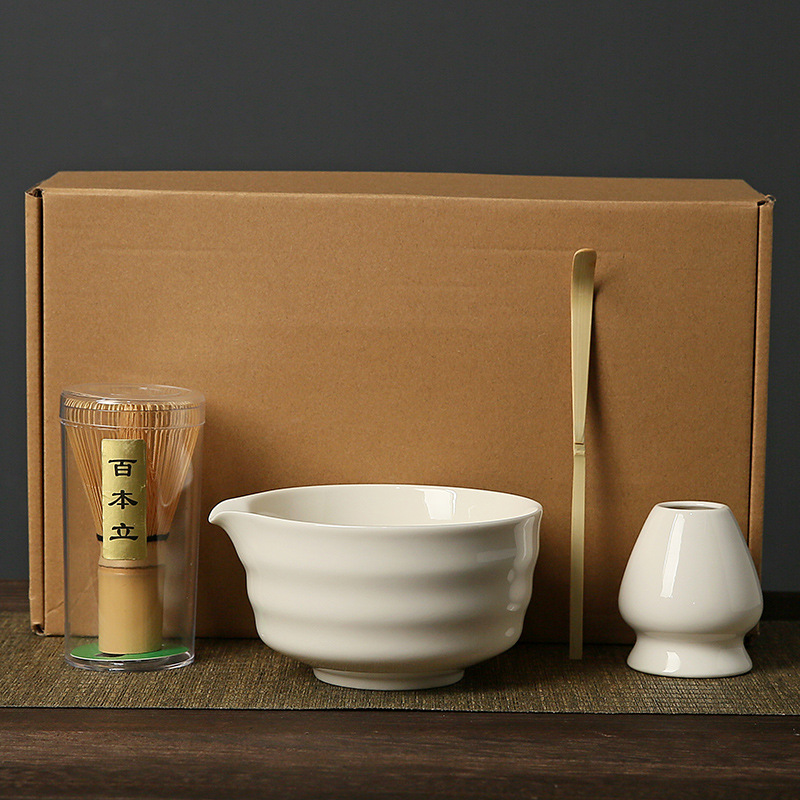 White Complete Matcha Tea Ceremony Set - 4-Piece Japanese Traditional Whisk