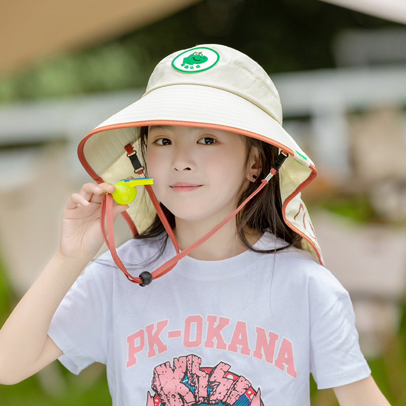 White Kids UV Protection Sun Hat - Breathable Wide Brim Bucket Hat with Neck