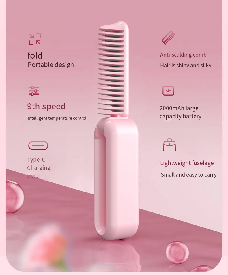 Purple Portable Foldable Cordless Hair Straightener Comb - 2-in-1 Ionic view 6
