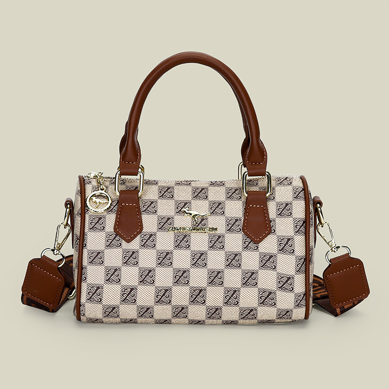 Khaki checkered pattern Stylish PU Leather Boston Bag - Elegant Retro Single