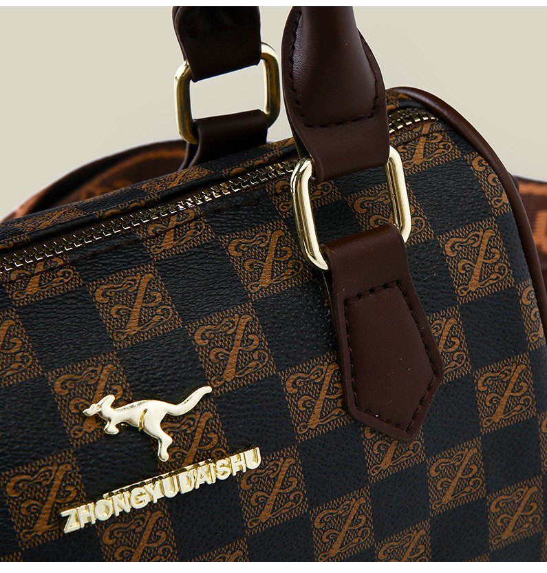 Khaki checkered pattern Stylish PU Leather Boston Bag - Elegant Retro Single view 3
