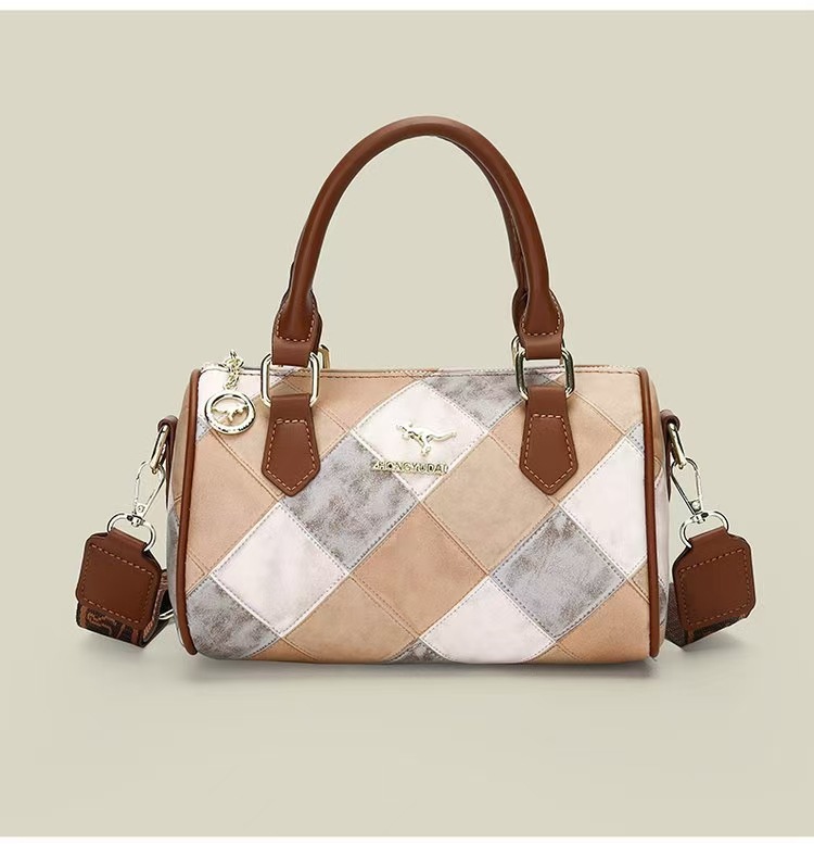 White checkered pattern Stylish PU Leather Boston Bag - Elegant Retro Single
