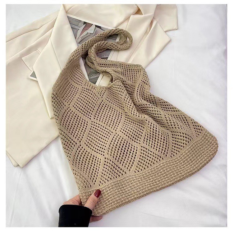 Shallow khaki rhombus Bohemian Knit Shoulder Bag - Hand-Woven Crochet Tote for
