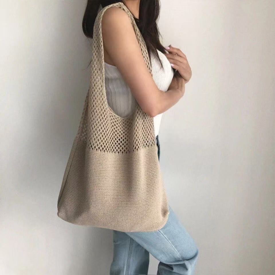 Shallow khaki patchwork Bohemian Knit Shoulder Bag - Hand-Woven Crochet Tote