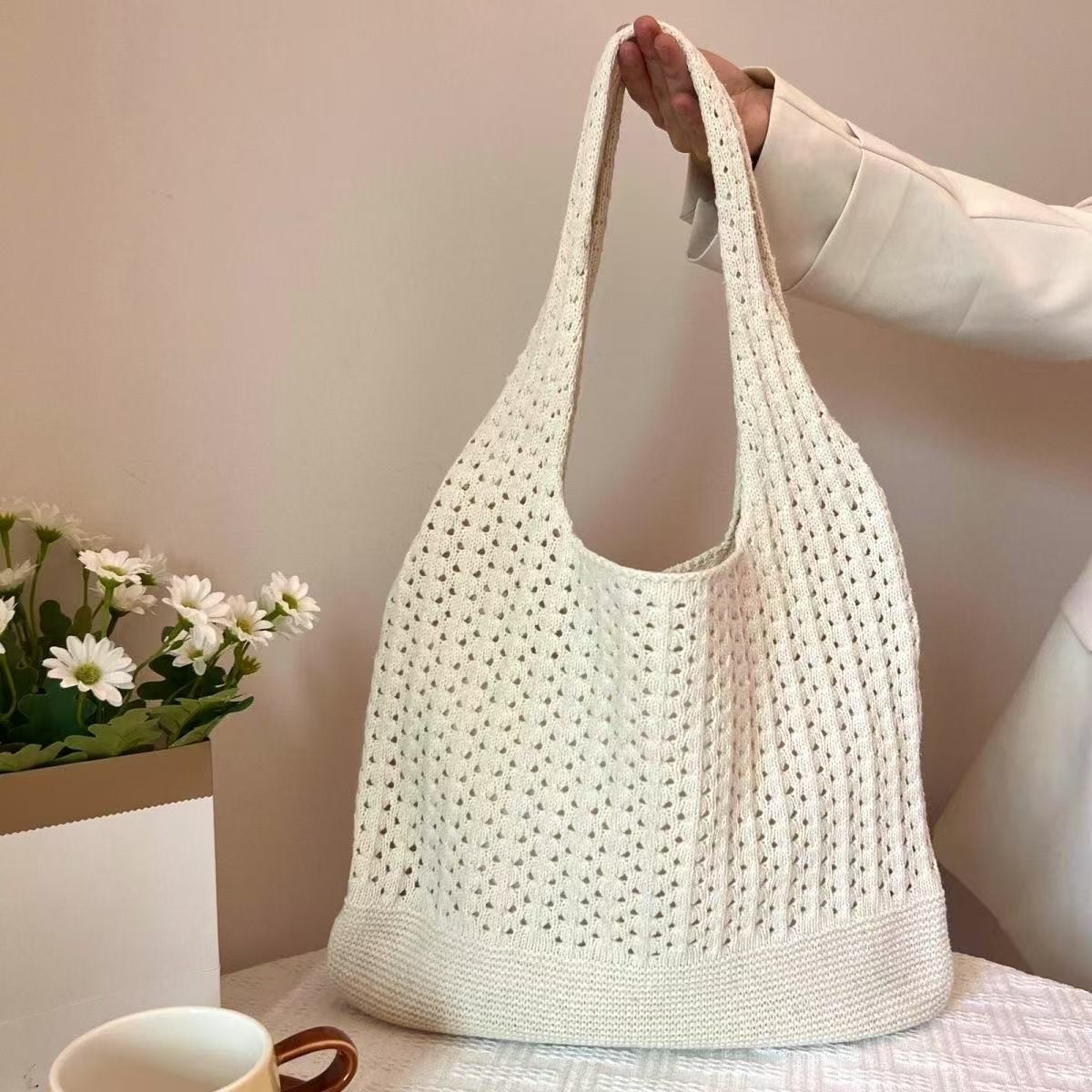 Beige honeycomb holes Bohemian Knit Shoulder Bag - Hand-Woven Crochet Tote for