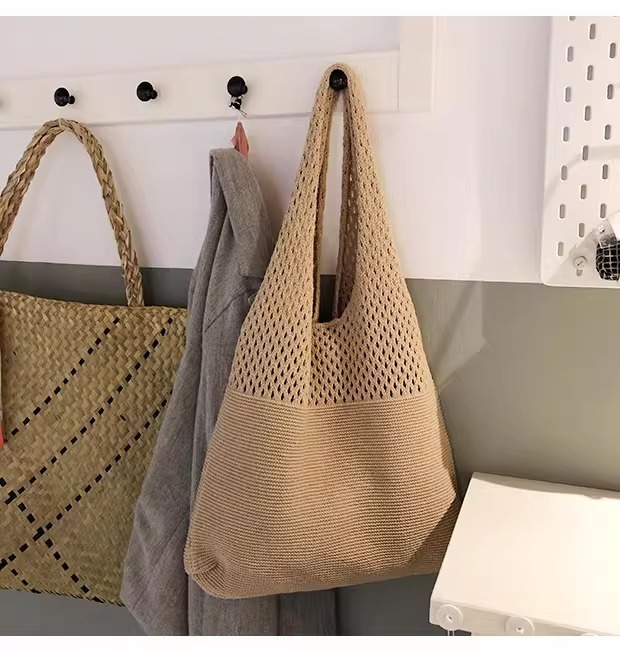 Beige honeycomb holes Bohemian Knit Shoulder Bag - Hand-Woven Crochet Tote for view 2