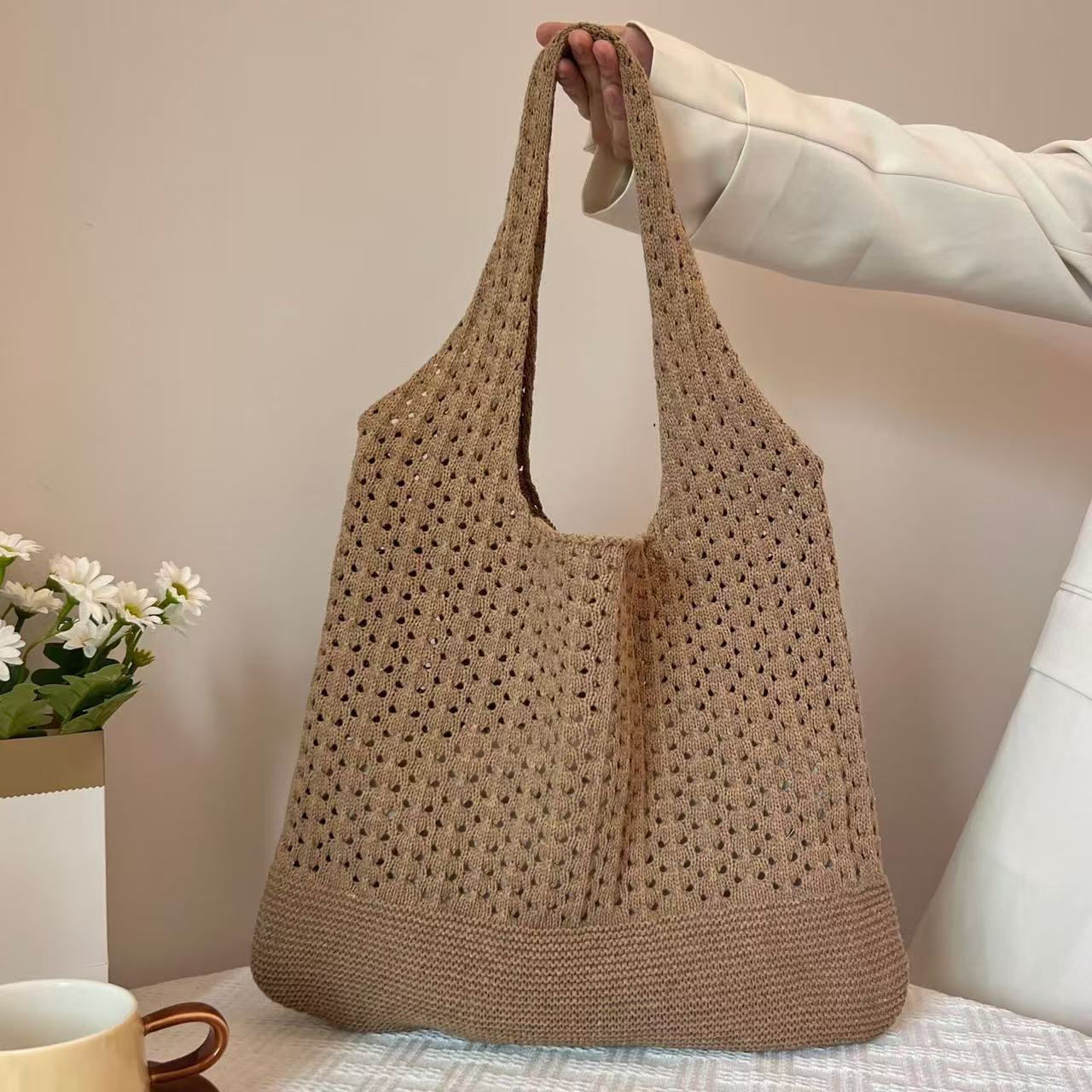 Khaki honeycomb holes Bohemian Knit Shoulder Bag - Hand-Woven Crochet Tote for