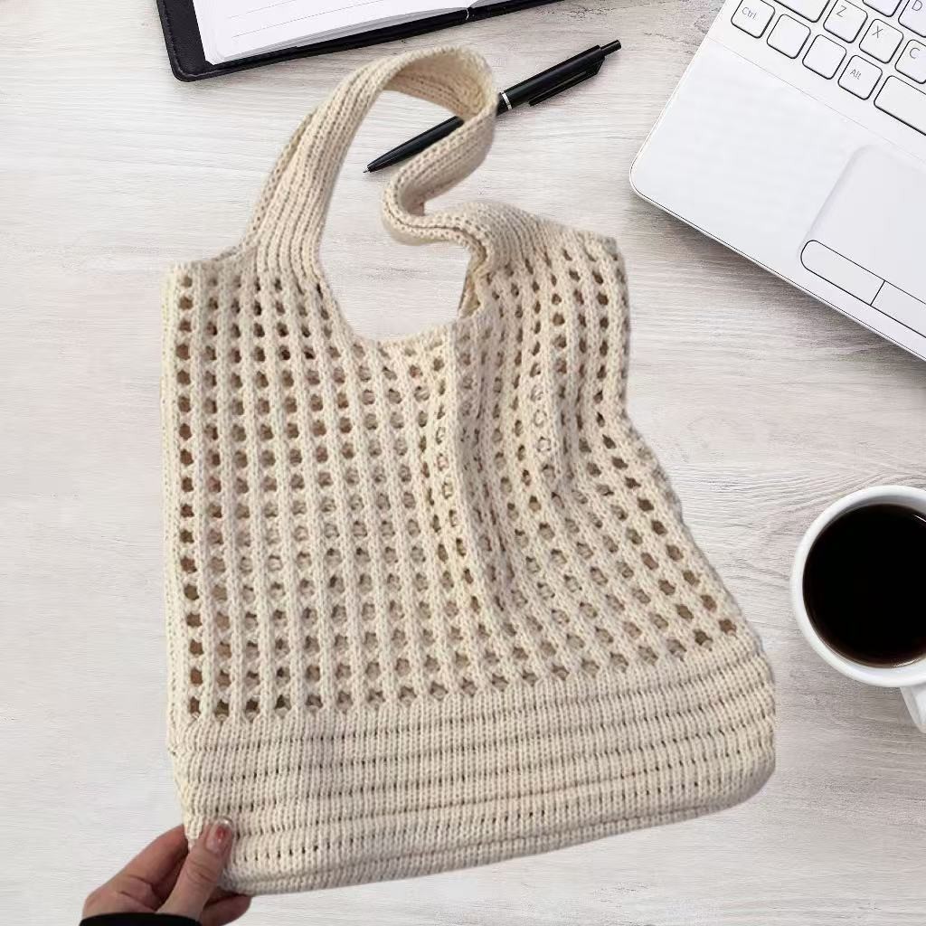 Beige large holes Bohemian Knit Shoulder Bag - Hand-Woven Crochet Tote for Women