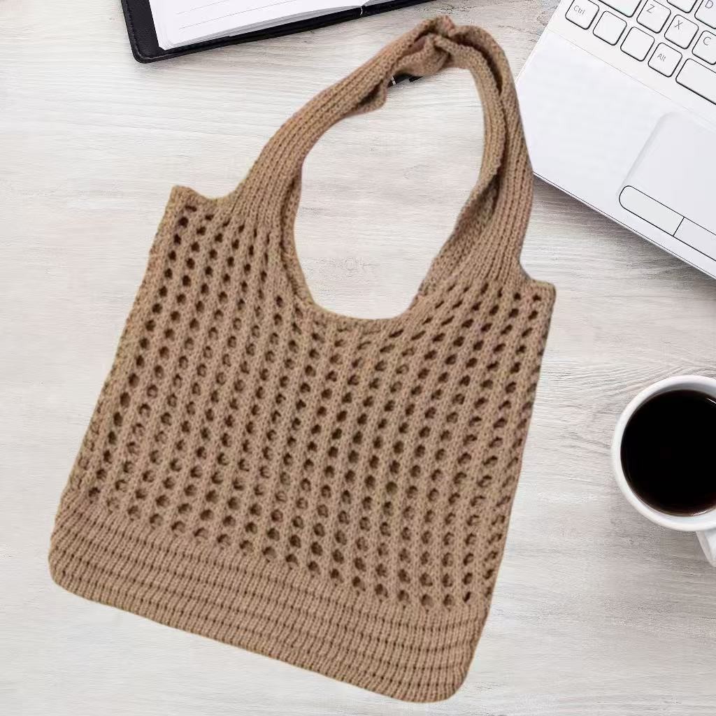 Khaki large holes Bohemian Knit Shoulder Bag - Hand-Woven Crochet Tote for Women