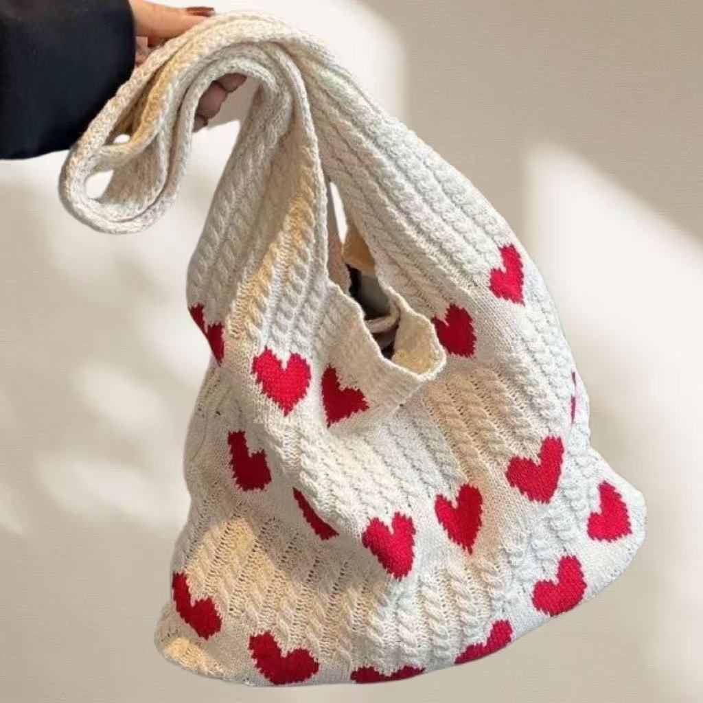 Beige heart Bohemian Knit Shoulder Bag - Hand-Woven Crochet Tote for Women
