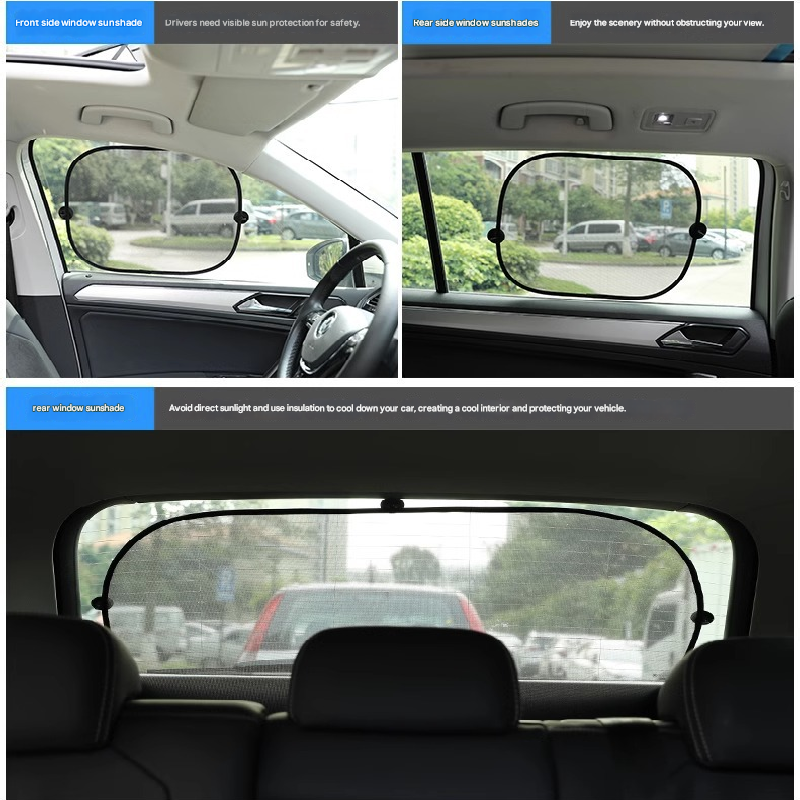 Black Universal Car Window Sun Shade Set - Mesh Fabric UV Protection(One solid view 3