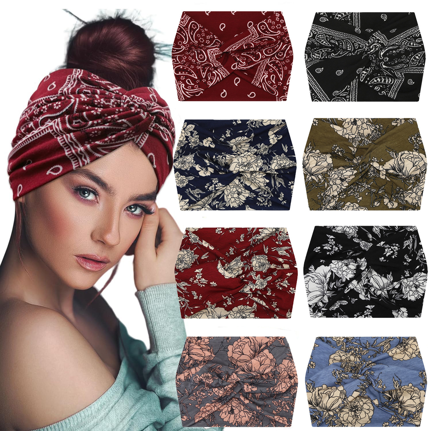 5-PCS Light blue Women's Extra Wide Turban Headband - Elastic Yoga & Sports view 2