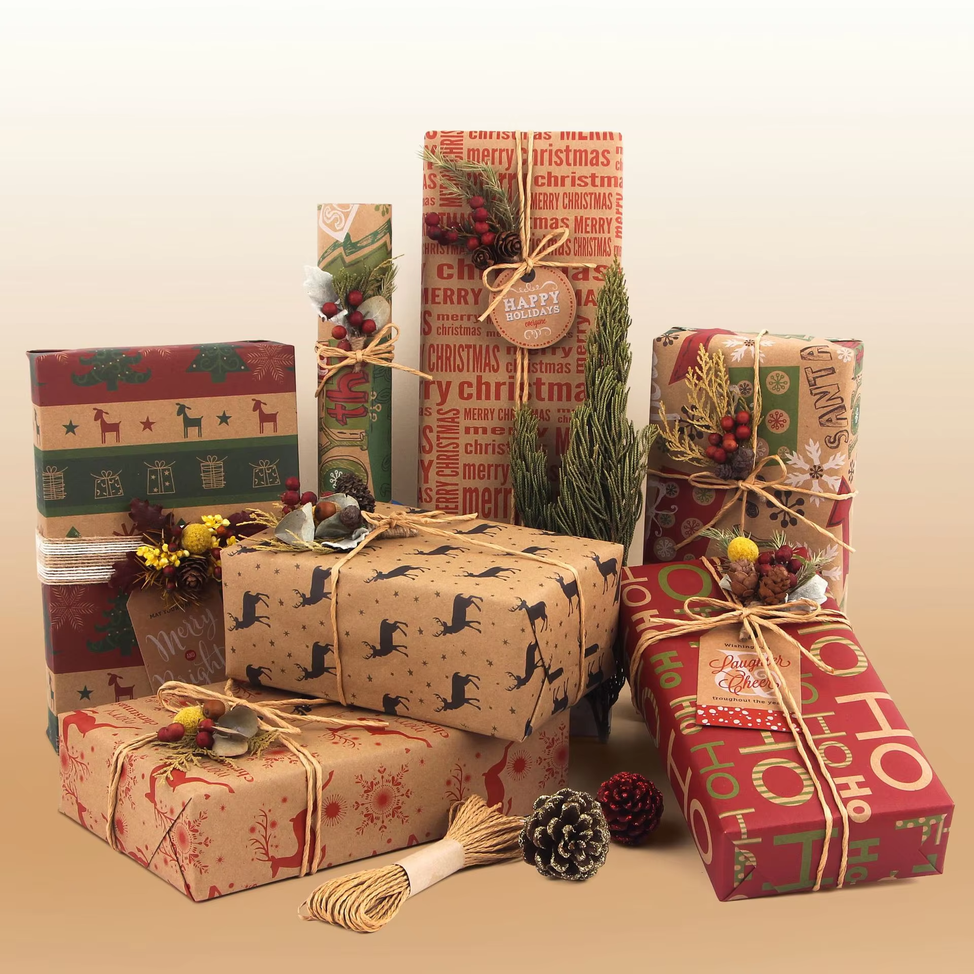 Christmas Gift Wrapping Paper 6-Pack - Vintage Kraft Style for Holiday Presents view 4