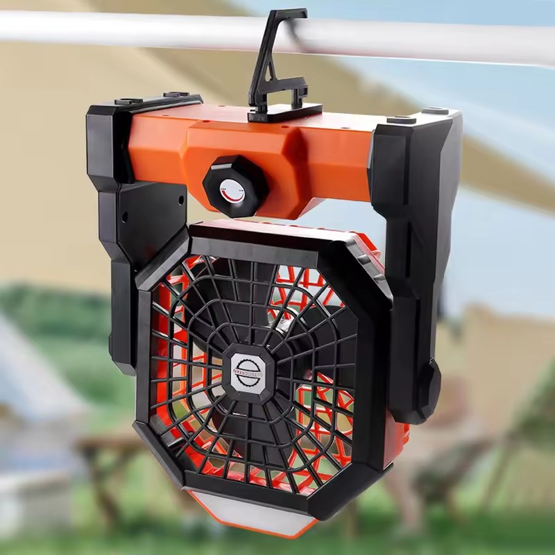 Black Portable Outdoor Camping Fan with LED Light - Rechargeable USB Tent Fan view 2