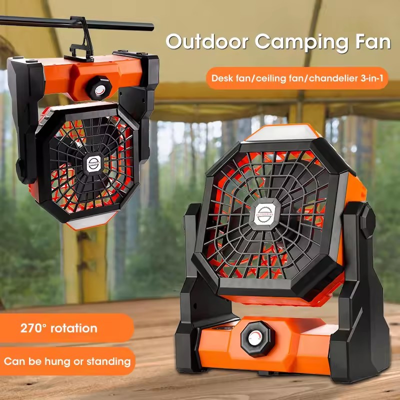 Black Portable Outdoor Camping Fan with LED Light - Rechargeable USB Tent Fan view 5