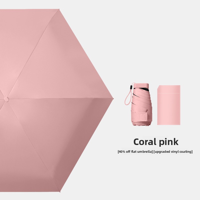 Coral pink Compact Mini Travel Umbrella UPF50+ UV Protection Waterproof 6-Fold