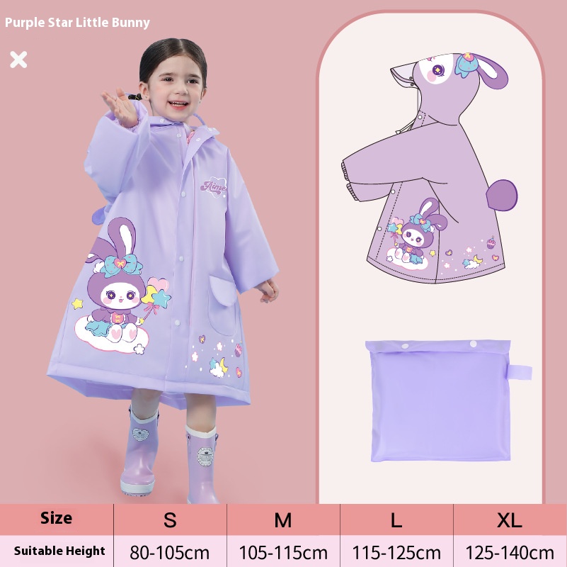 Purple rabbit Kids Waterproof Raincoat with Expandable Backpack Slot Hooded