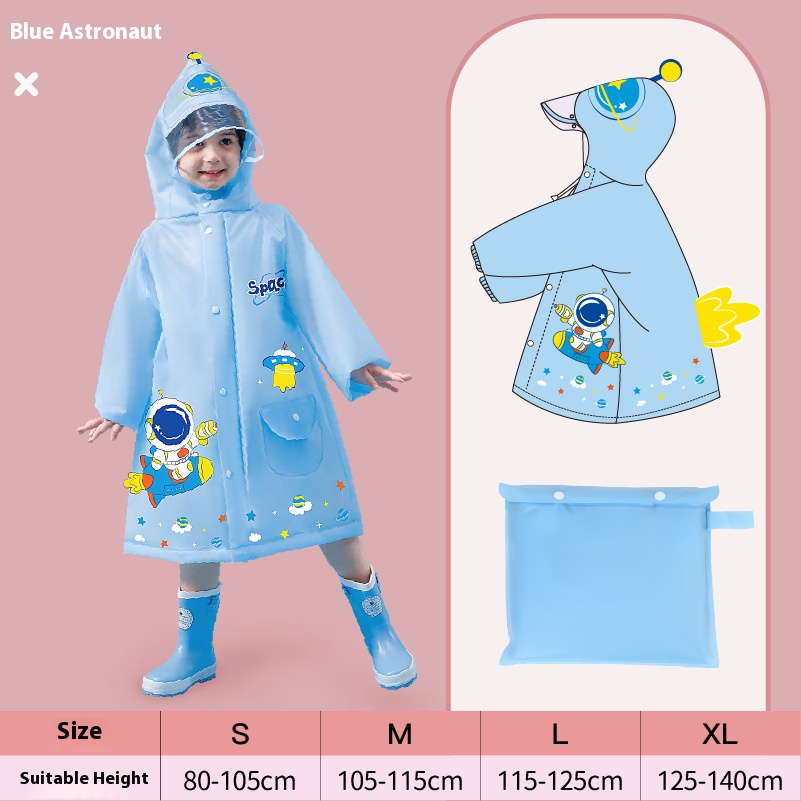 Blue astronaut Kids Waterproof Raincoat with Expandable Backpack Slot Hooded