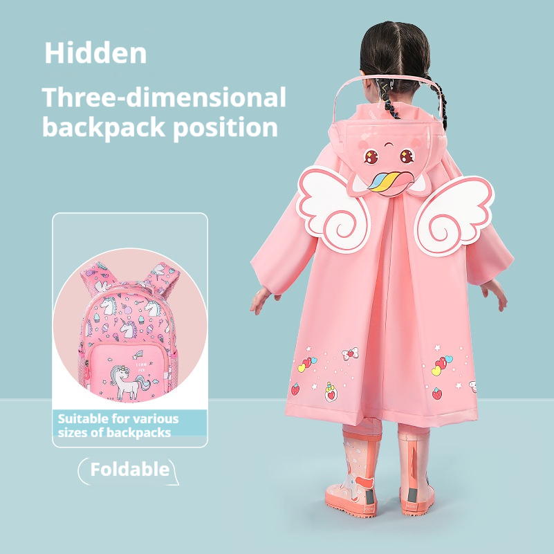 Yellow dinosaur Kids Waterproof Raincoat with Expandable Backpack Slot Hooded view 4