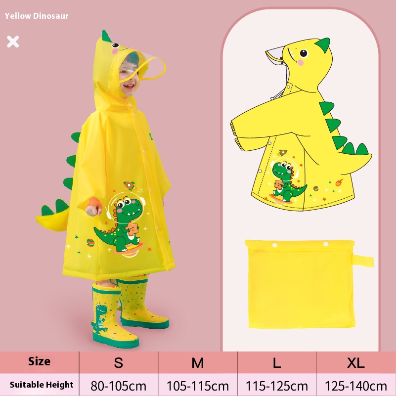 Yellow dinosaur Kids Waterproof Raincoat with Expandable Backpack Slot Hooded