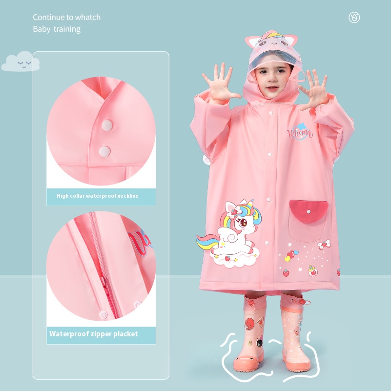 Pink unicorn Kids Waterproof Raincoat with Expandable Backpack Slot Hooded