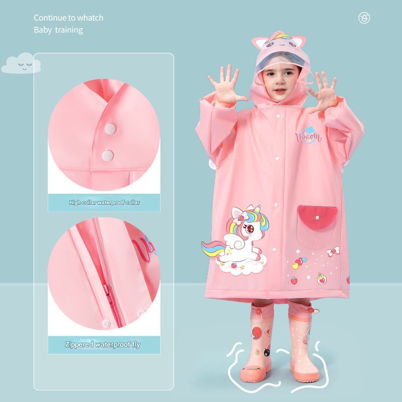 Pink unicorn Kids Waterproof Raincoat with Expandable Backpack Slot Hooded view 3