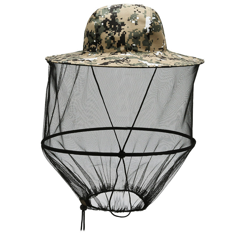 Grey camouflage Outdoor Fishing Hat with Mesh Head Net Sun Protection Bucket